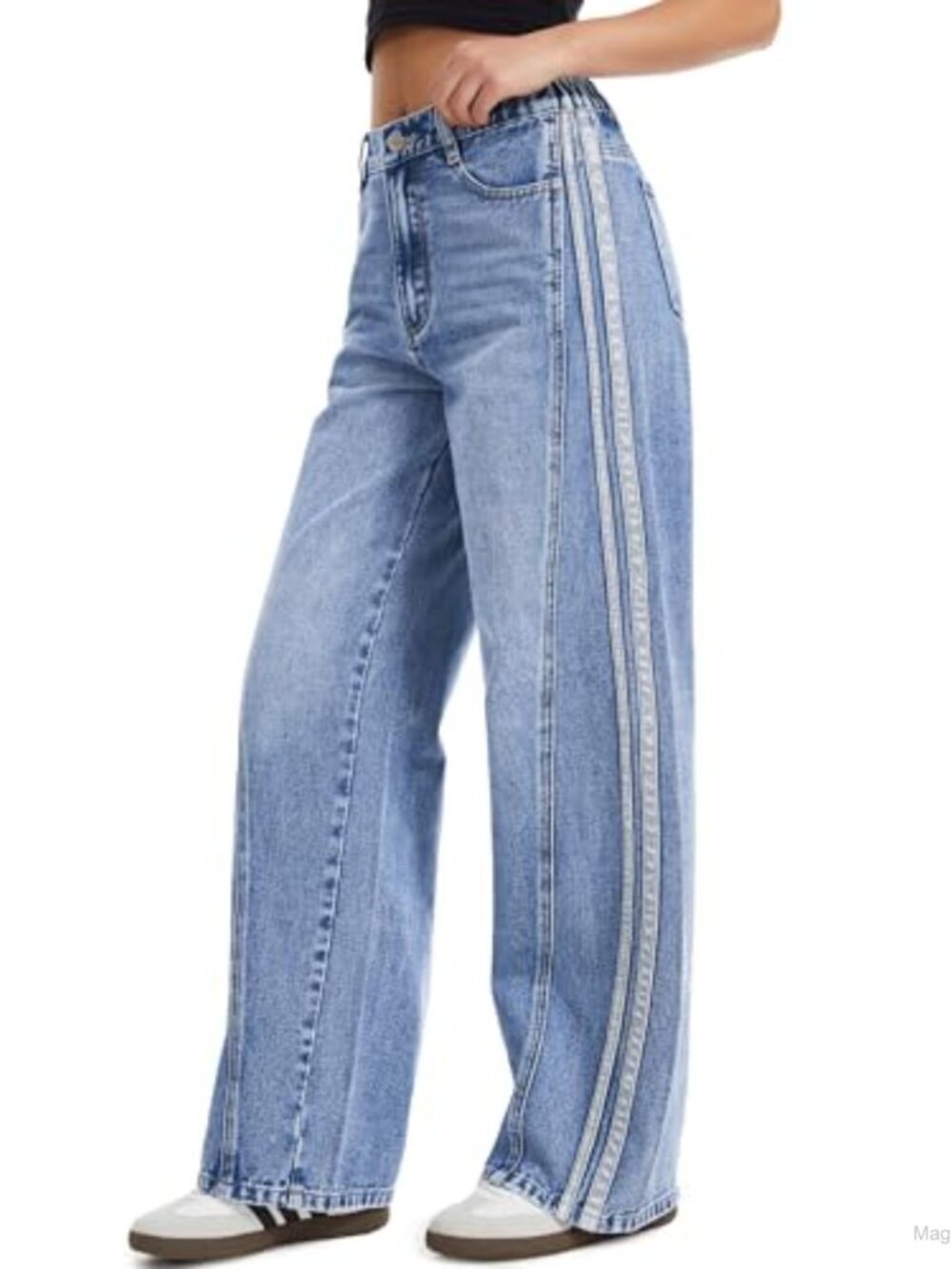 Wide Leg Jeans Side Stripe Mid-Rise Elastic Waist Loose Denim Pants
